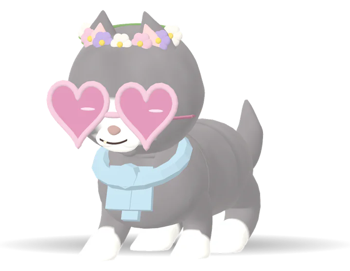 A grey and white cat in heart glasses and a flower crown