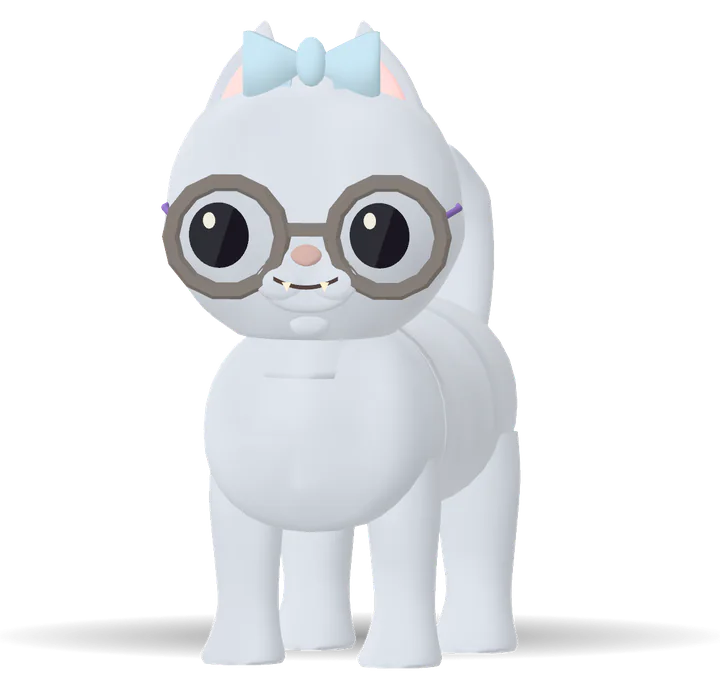 A blue grey cat in lilac round glasses and a baby blue ribbon
