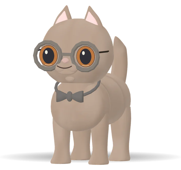 A chocolate cat in round glasses and a bow tie