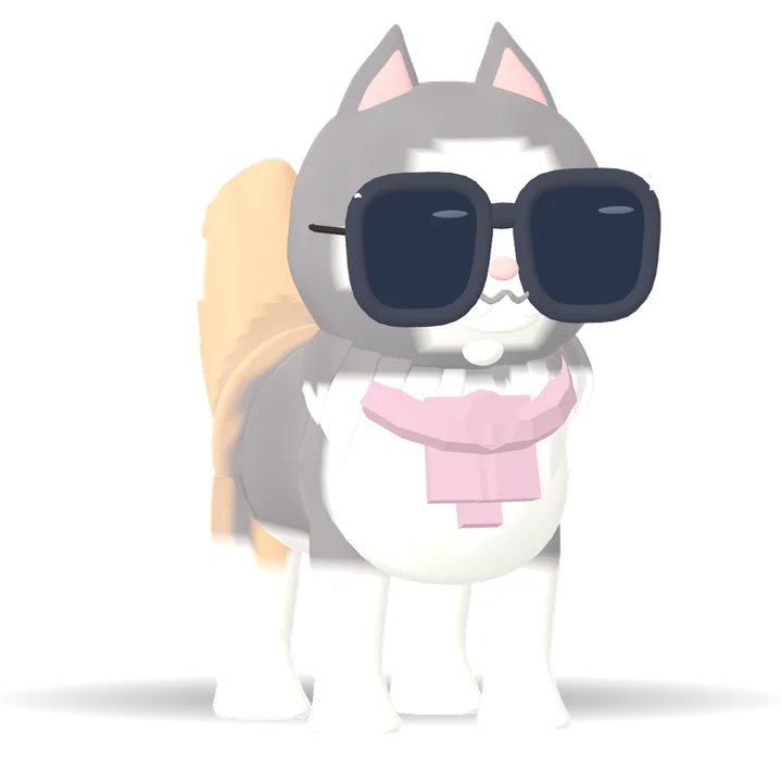 A tortoiseshell cat in chunky sunglasses and a pink bandana