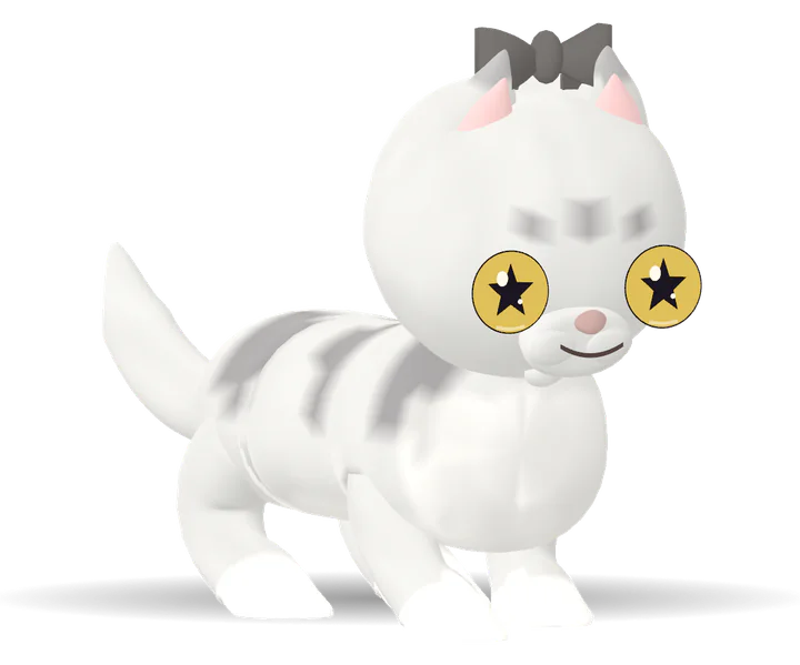 A silver spotted cat with star eyes and a black ribbon