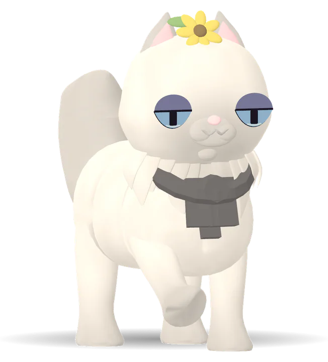 A cream longhaired cat with a sunflower clip, one paw raised