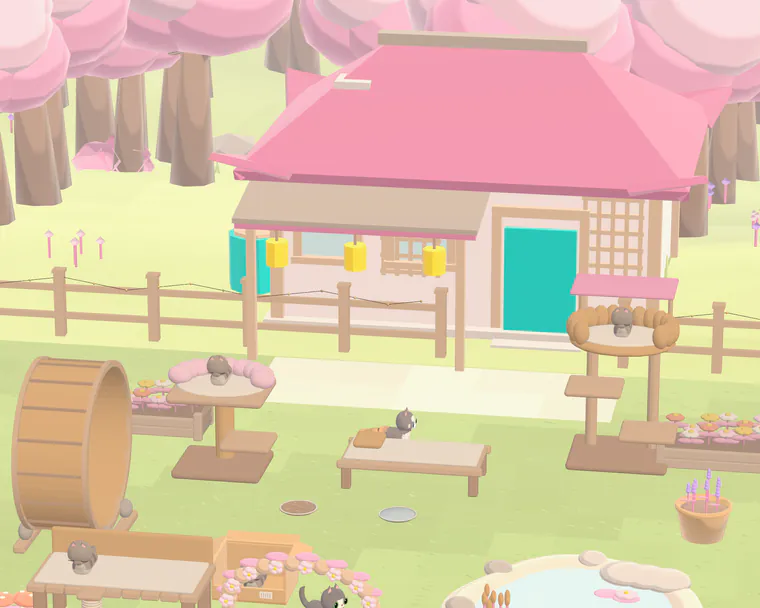 Petal Court, a pink roofed house under cherry blossoms